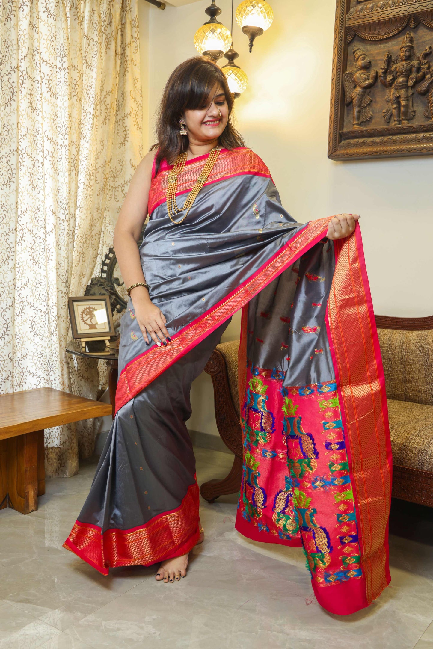Paithani Mulberry Silk Saree Grey & Pink