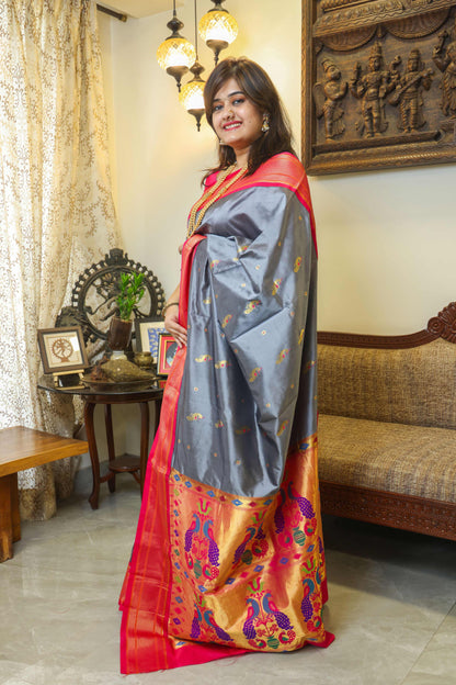 Paithani Mulberry Silk Saree Grey & Pink