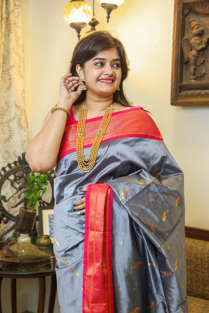 Paithani Mulberry Silk Saree Grey & Pink