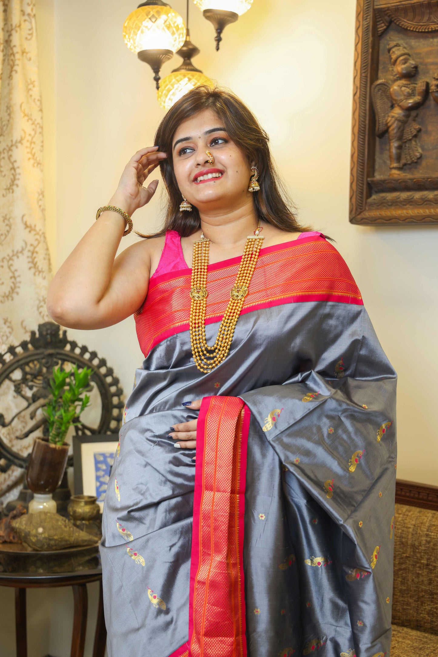 Paithani Mulberry Silk Saree Grey & Pink