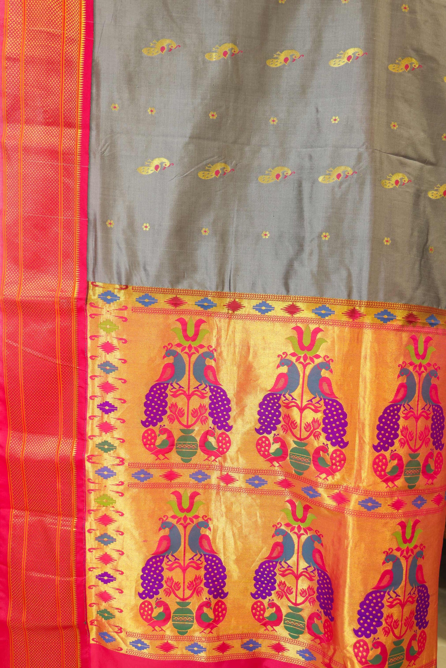 Paithani Mulberry Silk Saree Grey & Pink