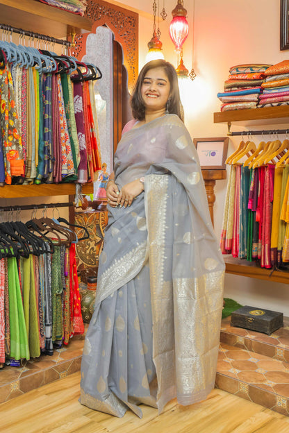 Grey Cotton Tissue Saree