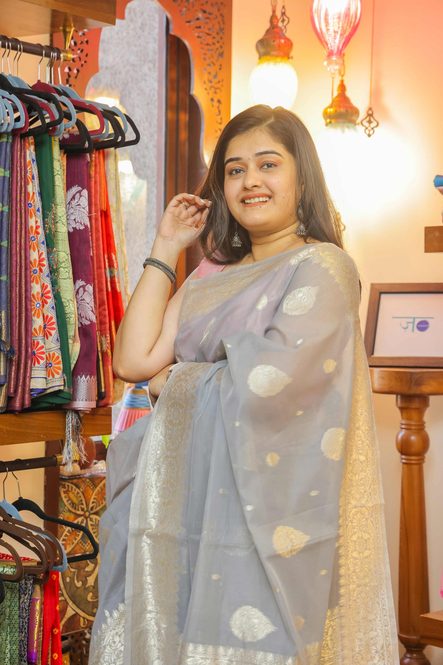 Grey Cotton Tissue Saree