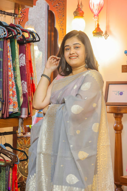 Grey Cotton Tissue Saree