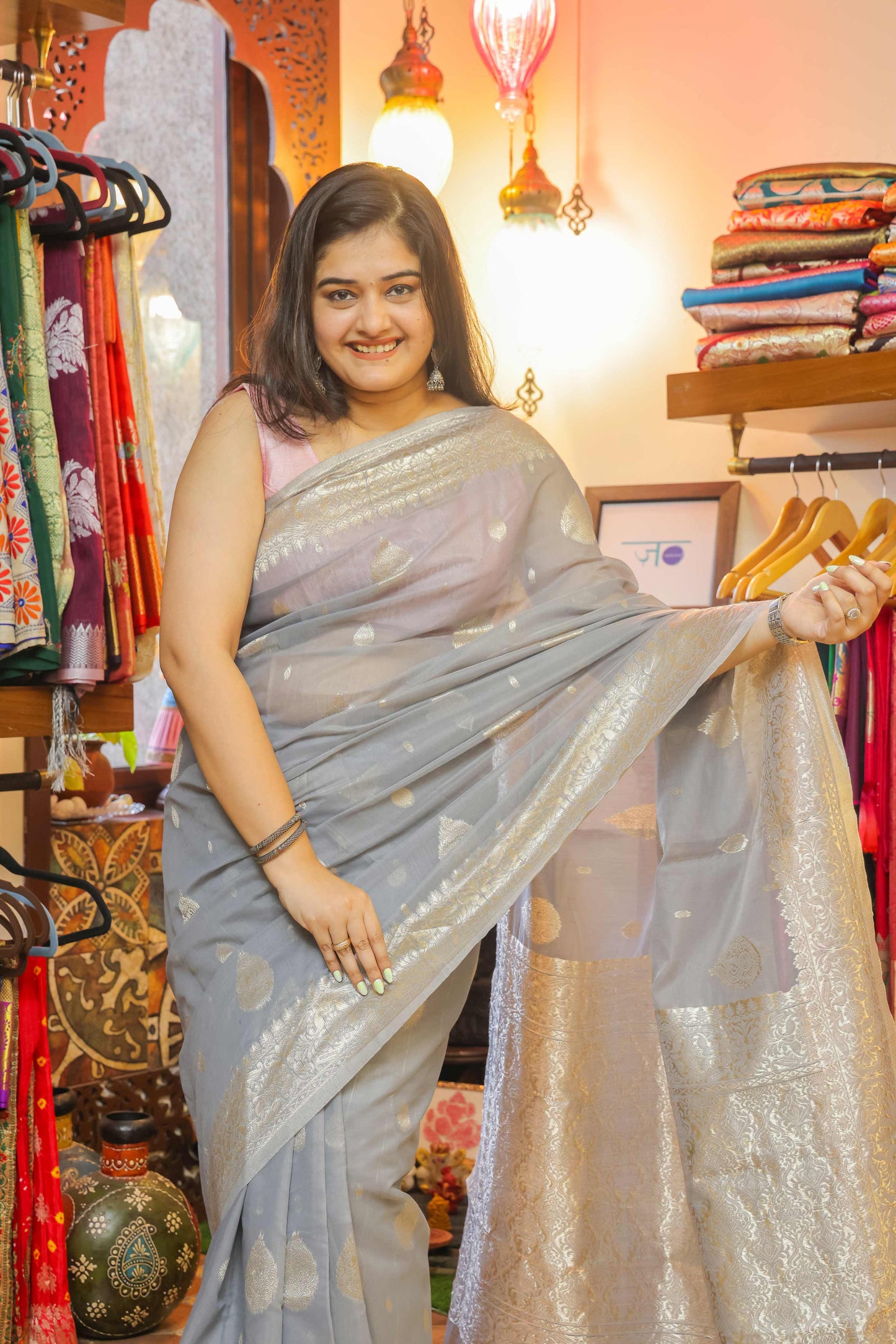 Grey Cotton Tissue Saree