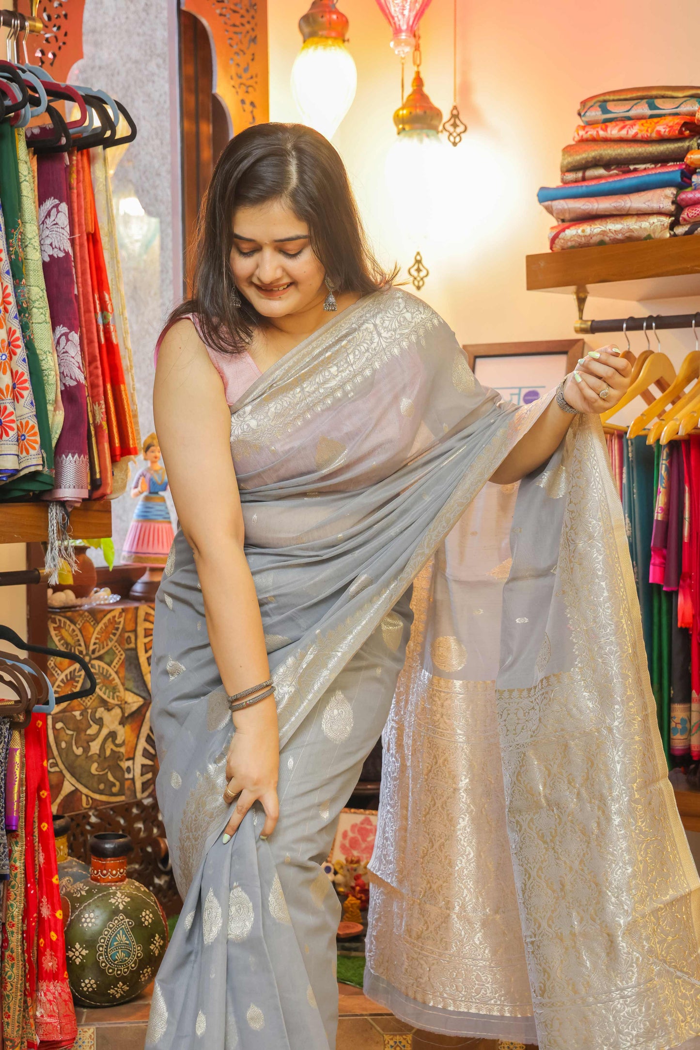 Grey Cotton Tissue Saree