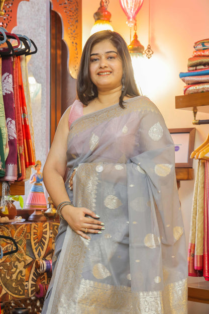 Grey Cotton Tissue Saree