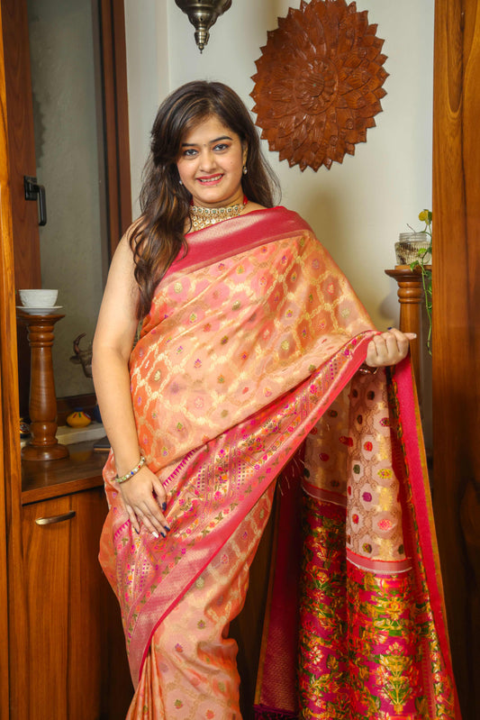 Tissue Silk Paithani Saree Peachish Pink