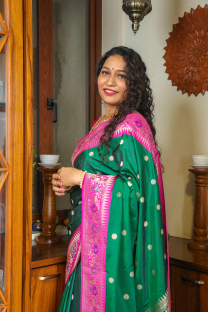 Paithani Muga Silk Saree Green & Lavender Pink