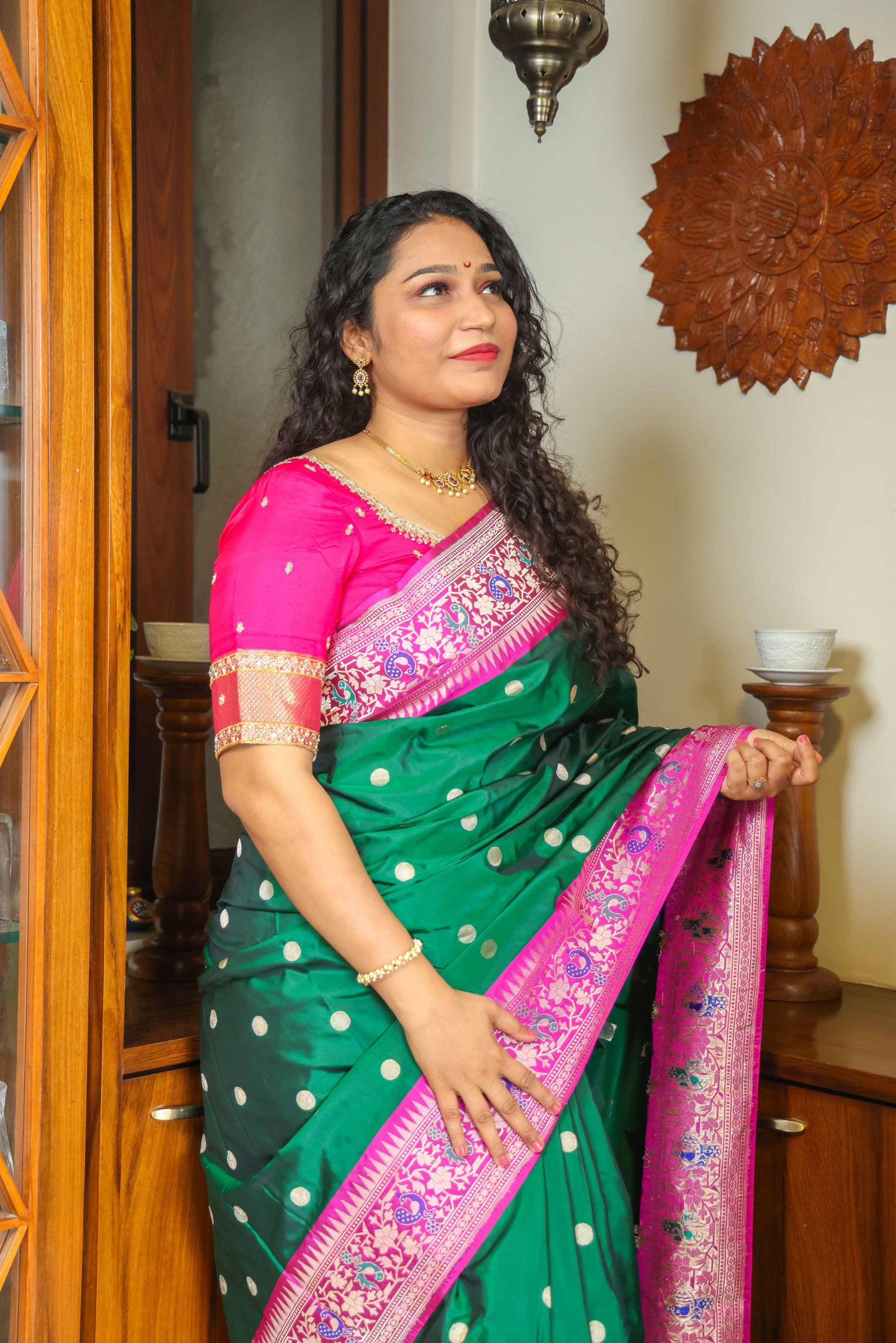 Paithani Muga Silk Saree Green & Lavender Pink