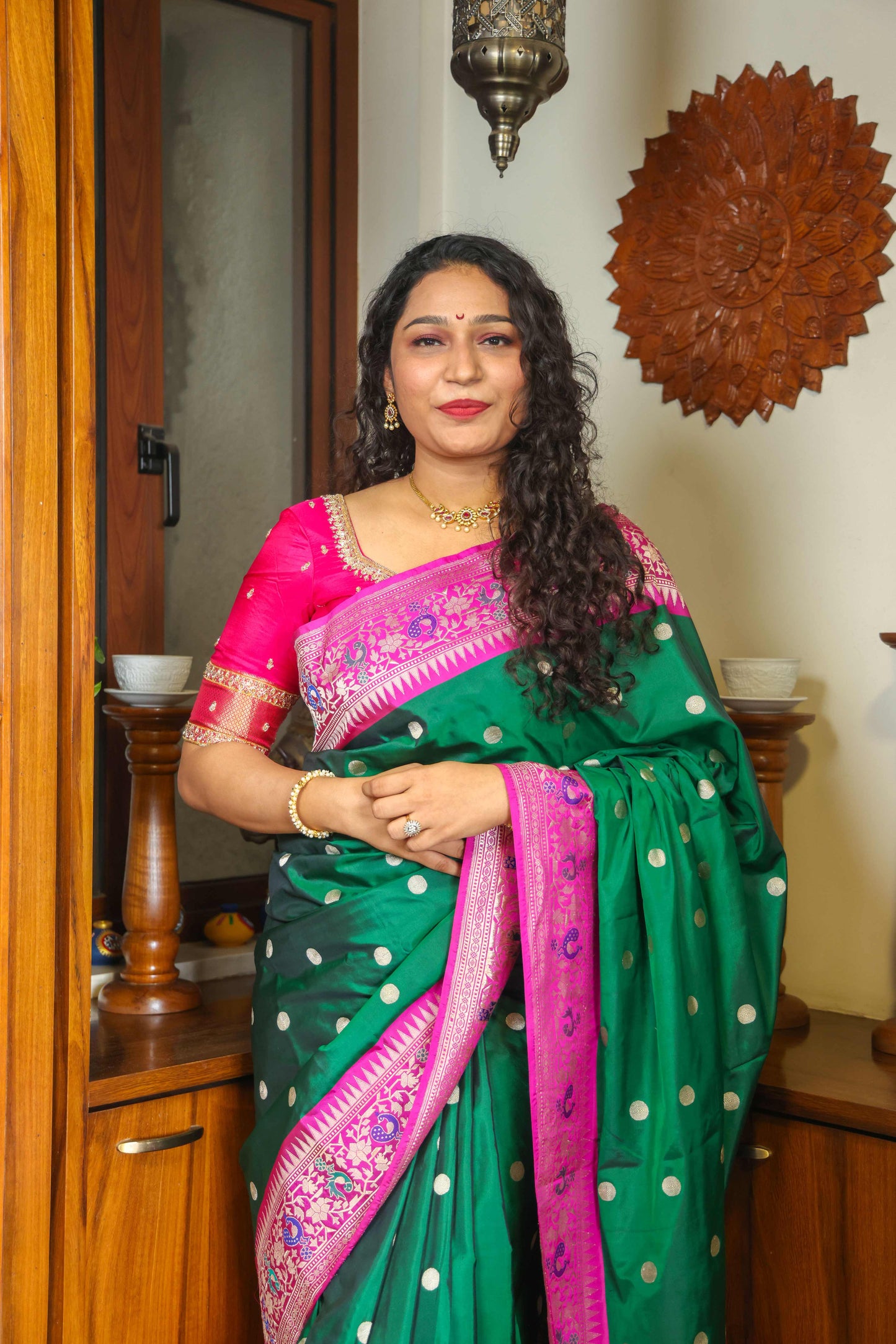 Paithani Muga Silk Saree Green & Lavender Pink