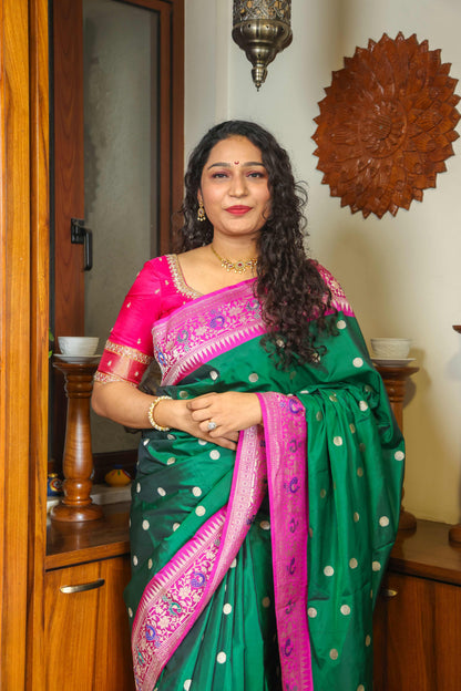 Paithani Muga Silk Saree Green & Lavender Pink