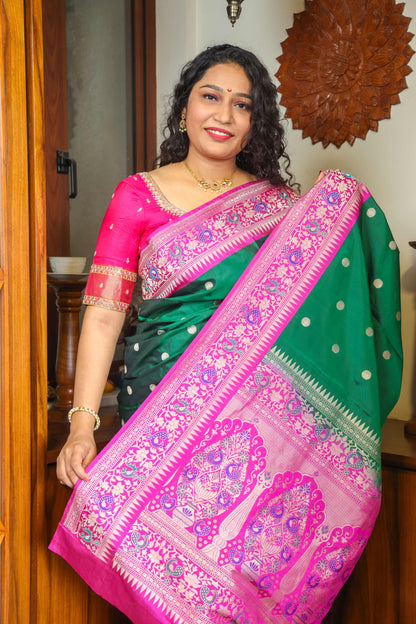 Paithani Muga Silk Saree Green & Lavender Pink