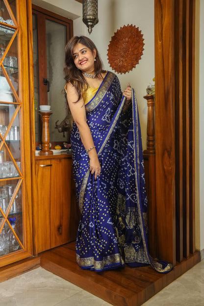 Gajji Silk Bandhani Saree Deep Blue