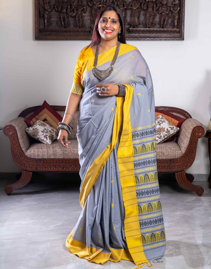 Grey and Yellow Dongria Pattern Soft Cotton Saree