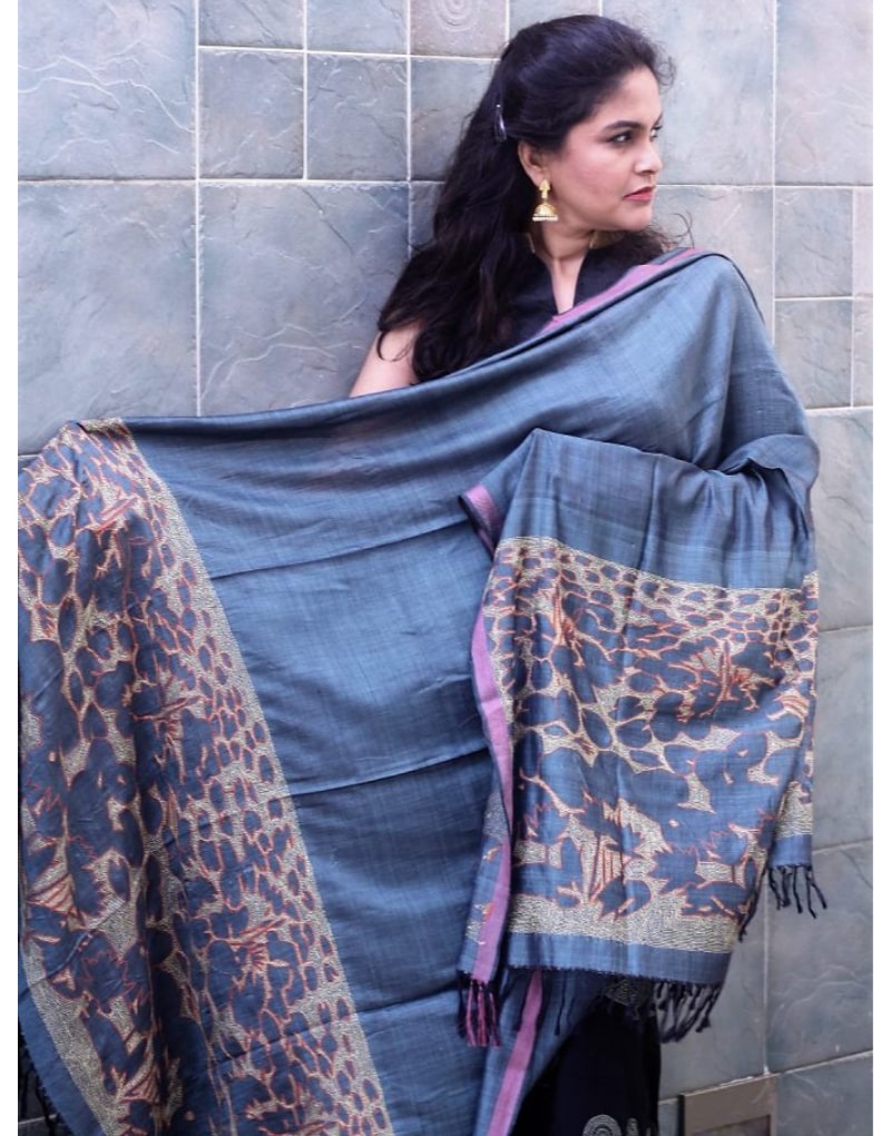 Grey Tussar Kantha Work Dupatta