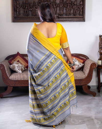 Grey and Yellow Dongria Pattern Soft Cotton Saree