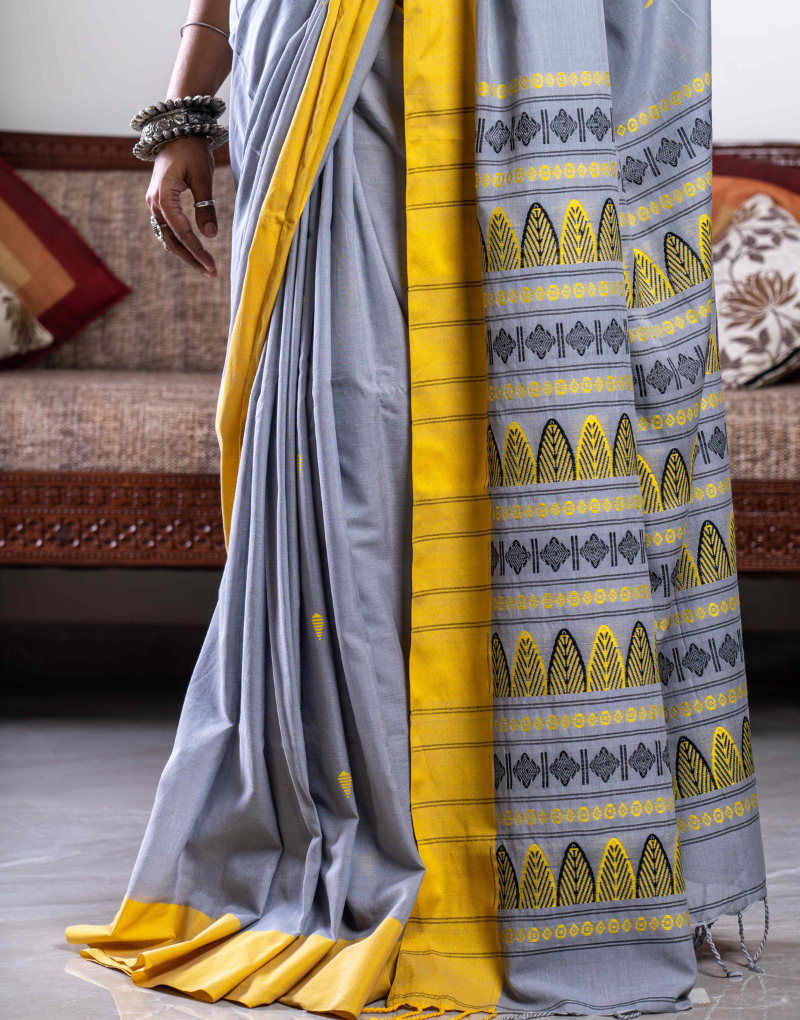 Grey and Yellow Dongria Pattern Soft Cotton Saree