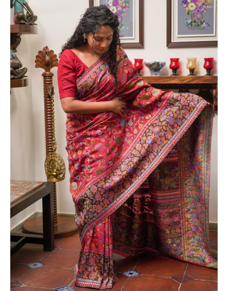 Wine Red Pashmina silk with Kanni weaves Saree