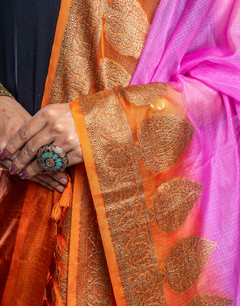 Kota silk-pink and orange with zari border Dupatta