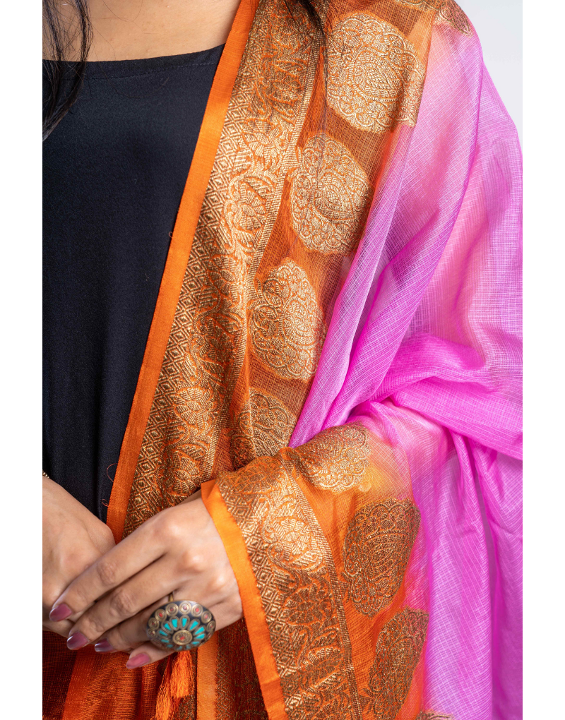 Kota silk-pink and orange with zari border Dupatta