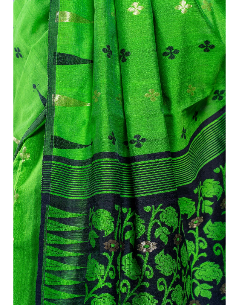 Green Knitted Flower Silk Saree