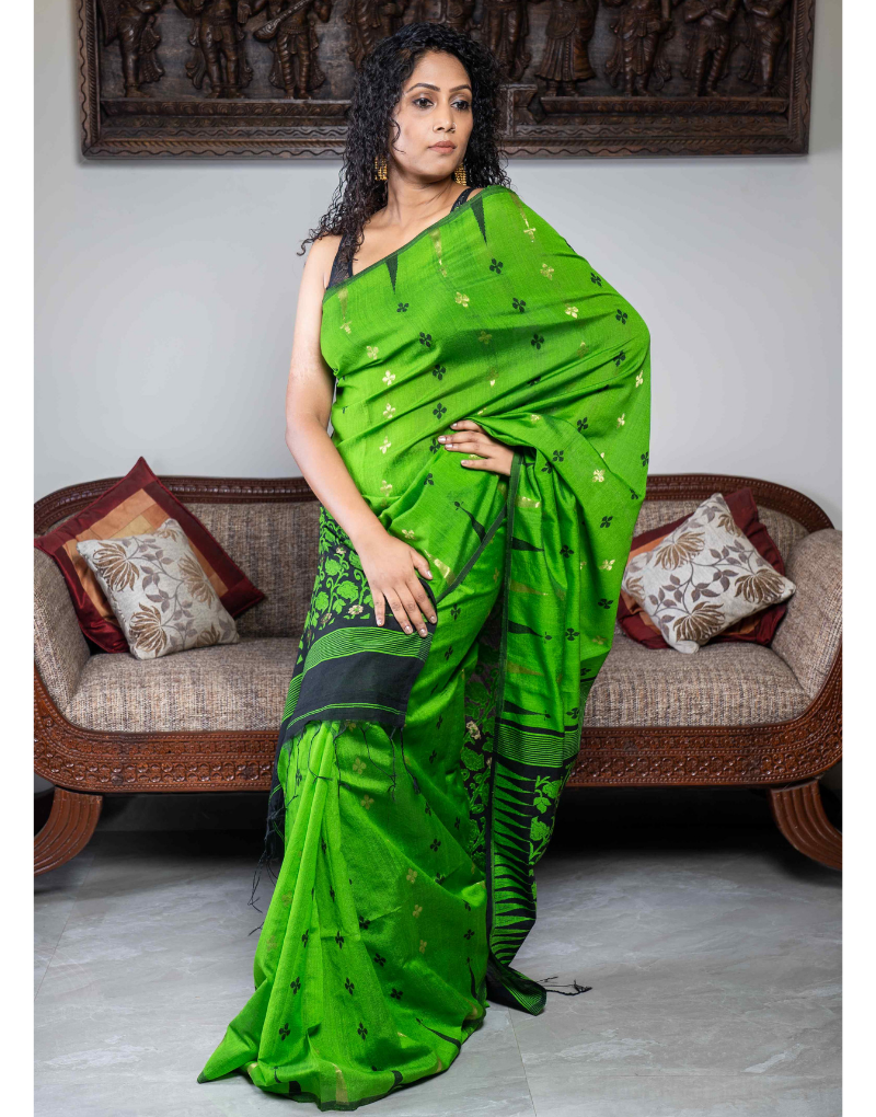 Green Knitted Flower Silk Saree