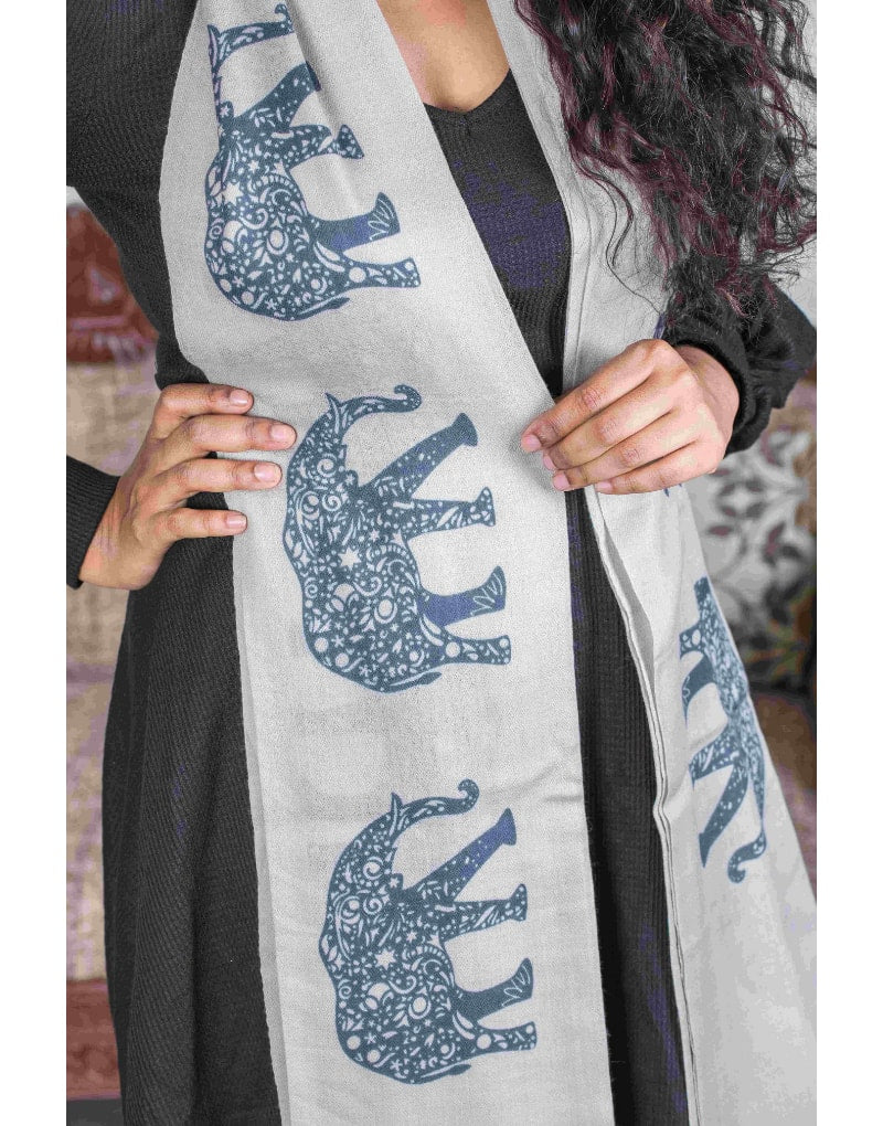 Creamish Grey Animal Print Stole with Elephants All Over