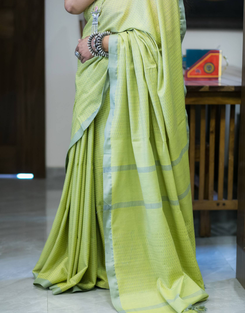 Bluish Grey and Green Katia Silk Saree