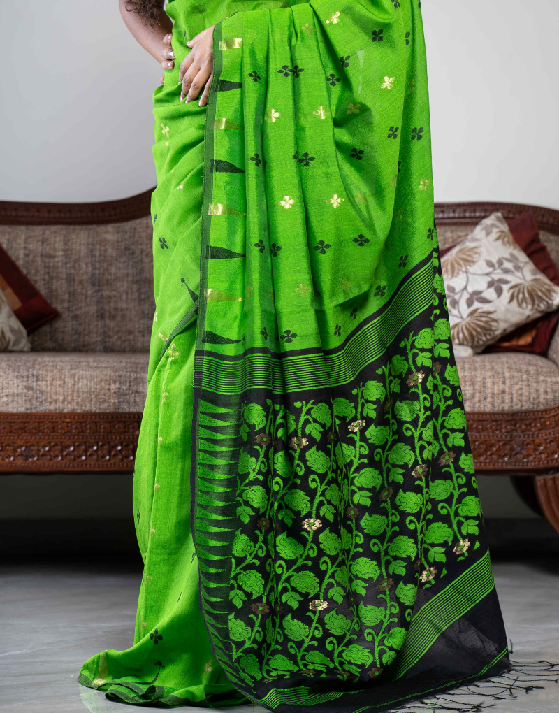 Green Knitted Flower Silk Saree