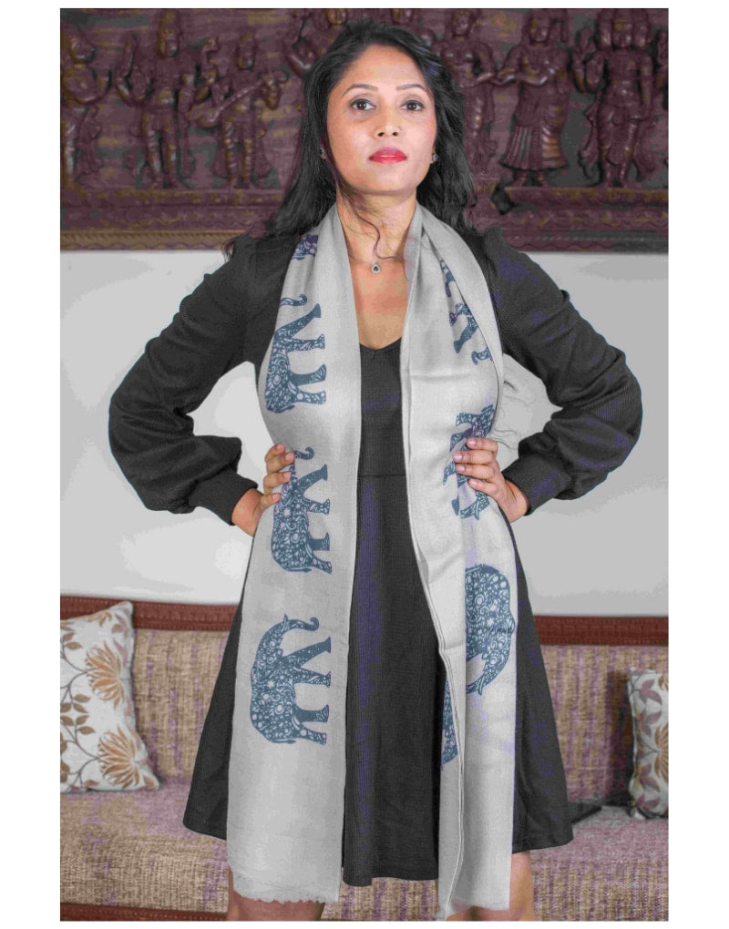 Creamish Grey Animal Print Stole with Elephants All Over