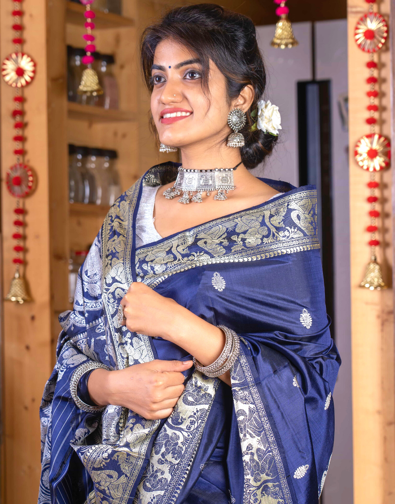 Vishnupuri Silk Deep Blue Zari Saree