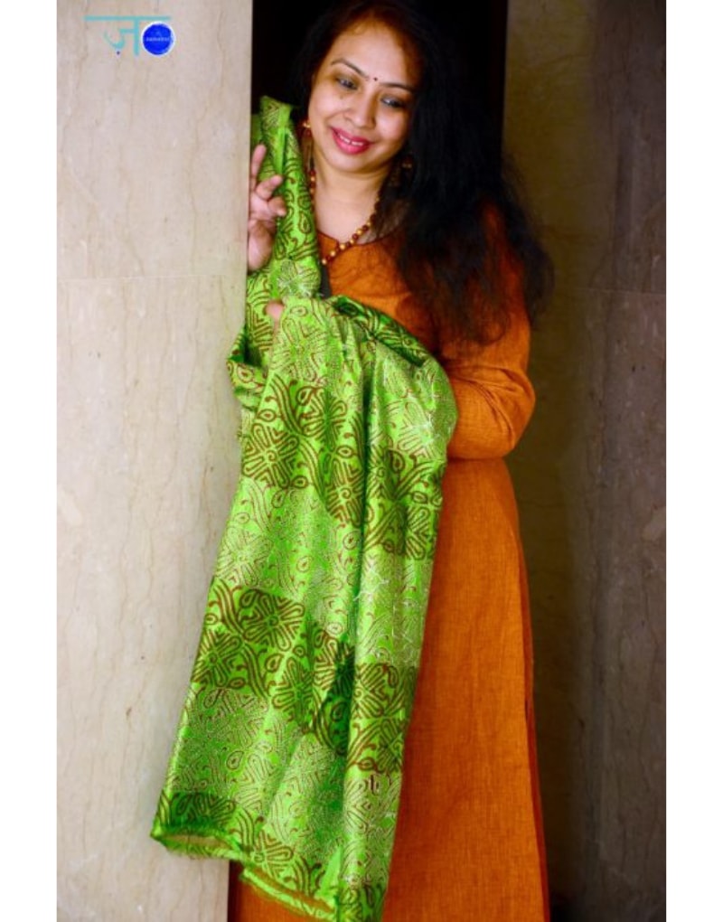 Green And Brown Kantha Tussar Dupatta