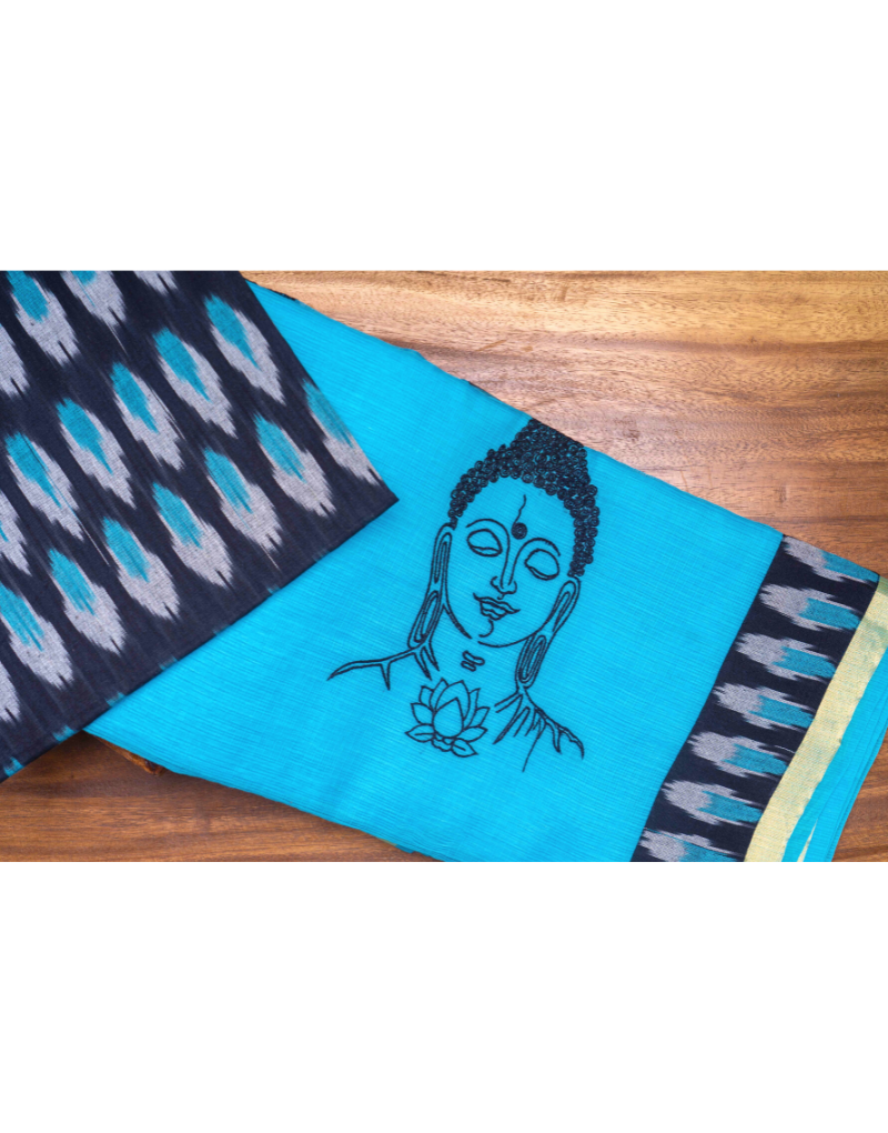 Blue Cotton Saree in Buddha Embroidery