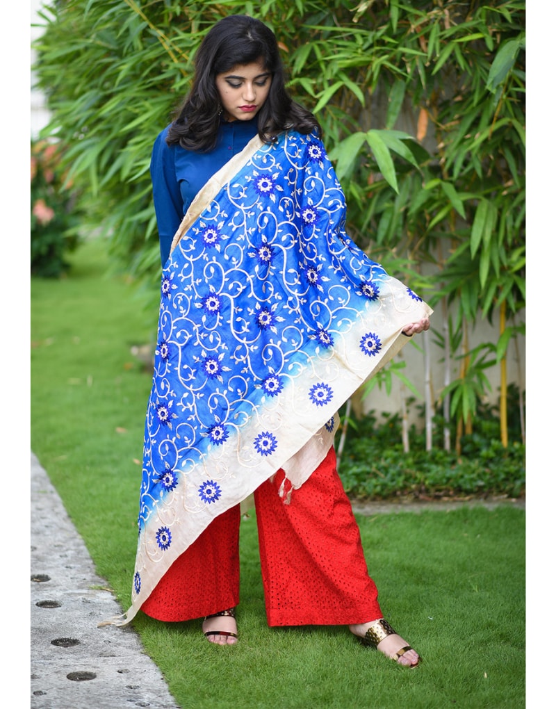 Tussar Blue And Natural Tussar Colour Dupatta With Embroidery All Over