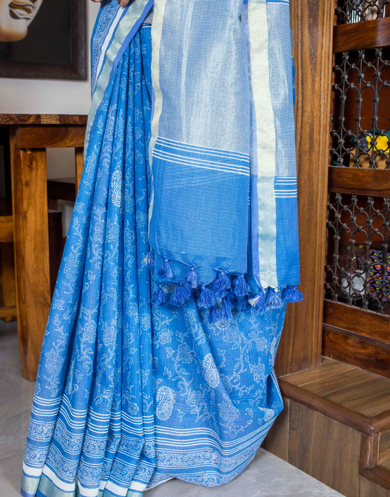 Blue and White Kota Cotton Saree with Block Print