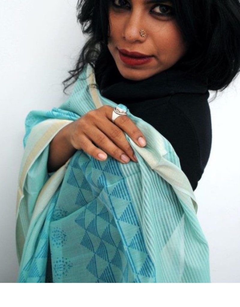 Blue Green Maheshwari Dupatta With Zari Border