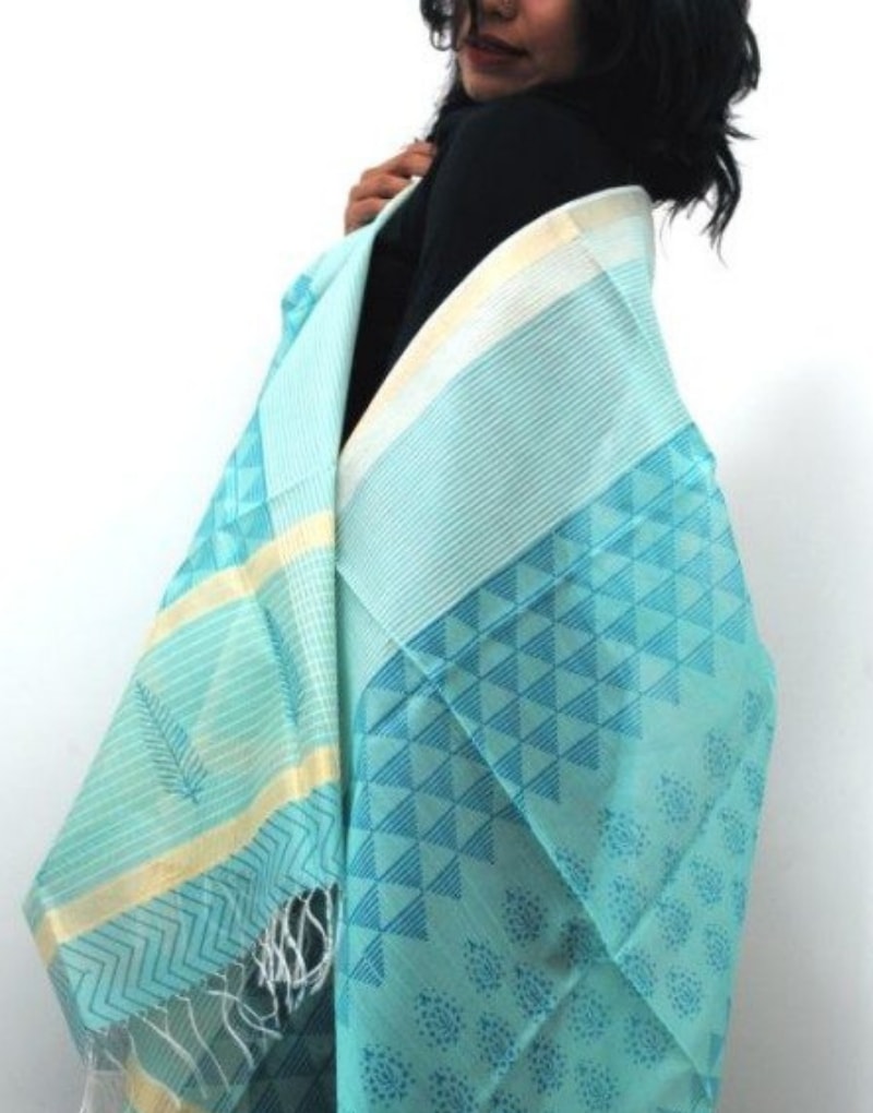 Blue Green Maheshwari Dupatta With Zari Border