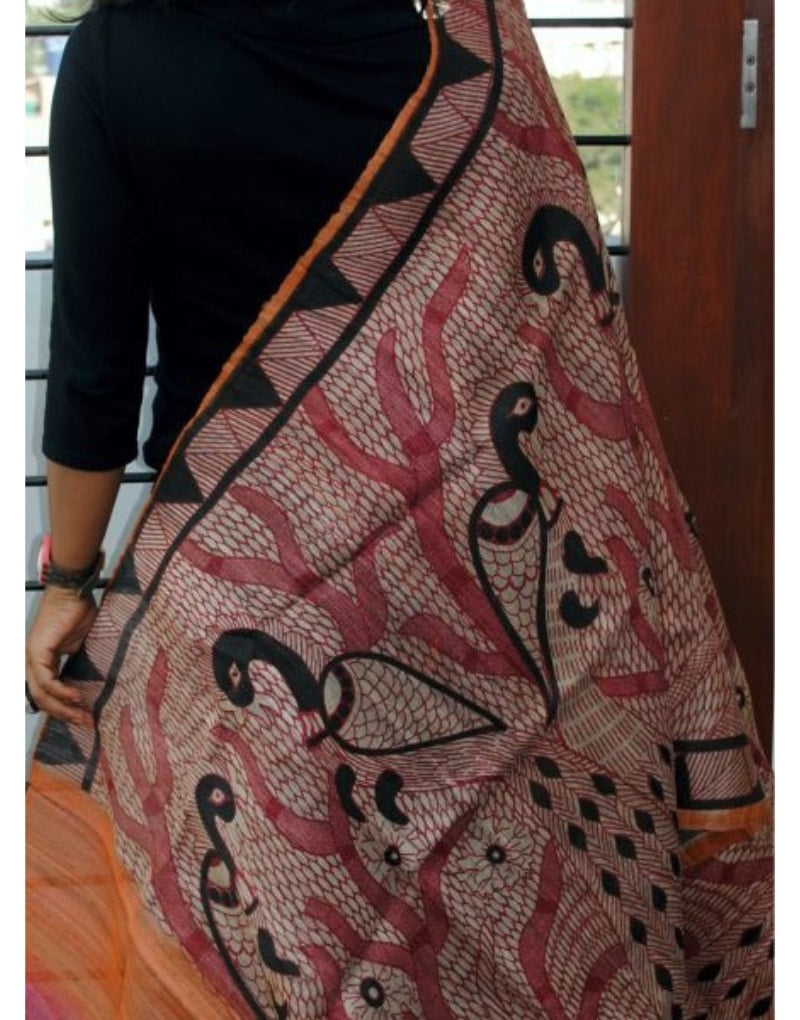 Red & Blue Kalamkari Silk Dupatta