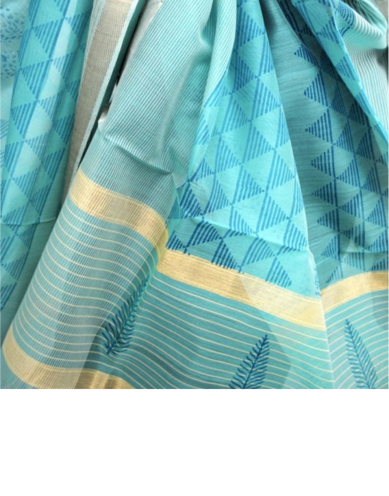 Blue Green Maheshwari Dupatta With Zari Border