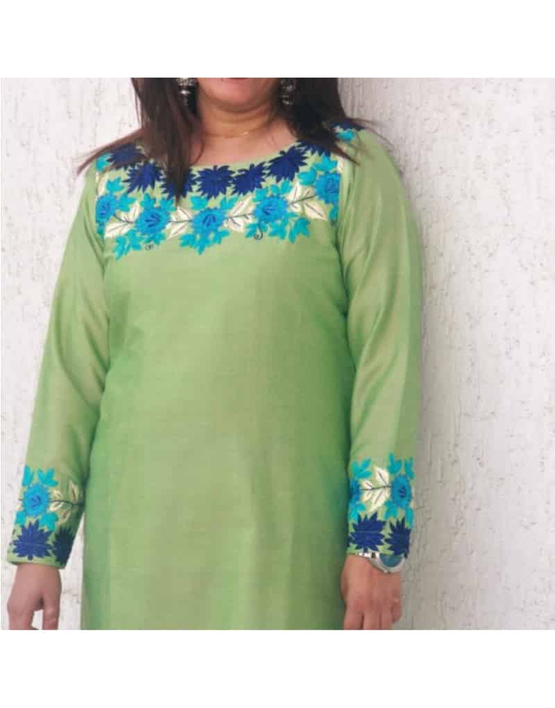 Pista Green Silk Flowers Embroidery Kurti