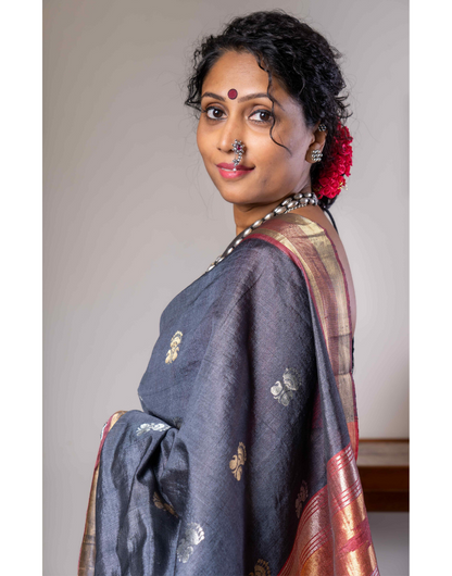 Tussar Greyish Black Handwoven Saree