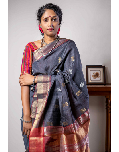 Tussar Greyish Black Handwoven Saree