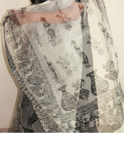 White Supernet Block Print Mirror Work Dupatta