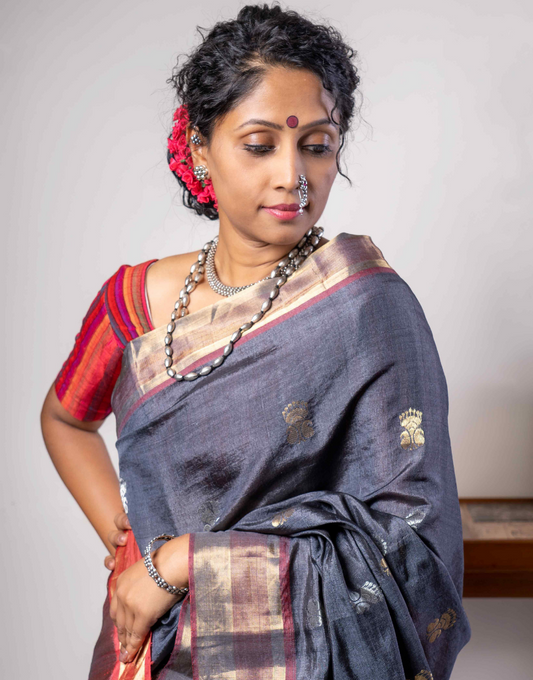 Tussar Greyish Black Handwoven Saree