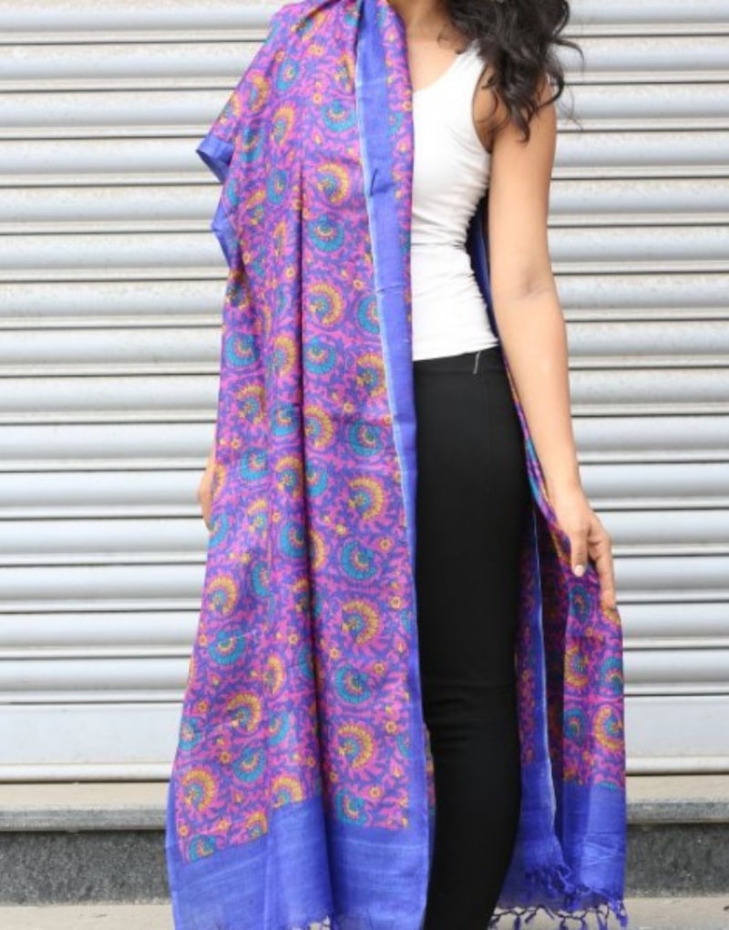 Blue Tussar Dupatta With Jaal Pattern