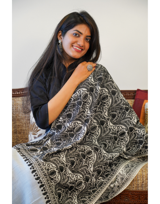 White & Black Hand Embroidery Jaal Pashmina Stole