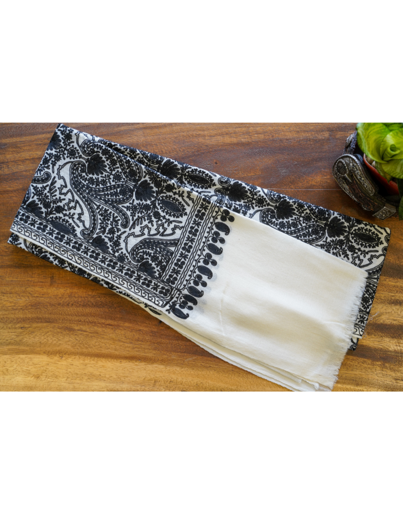 White & Black Hand Embroidery Jaal Pashmina Stole
