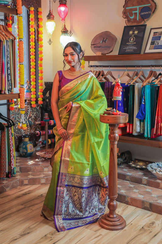 Parrot Green and Blue Peshwai Handcrafted Saree