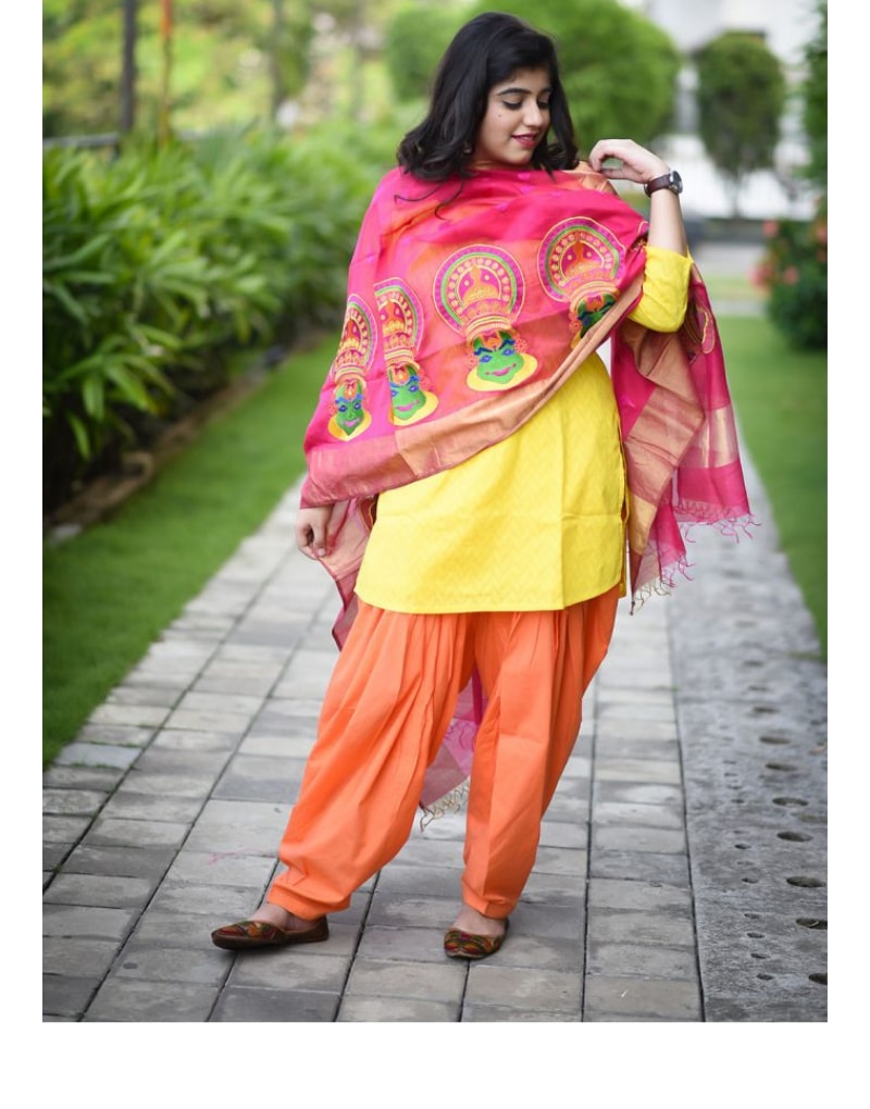 Chanderi Pink And Green Kathakali Dupatta